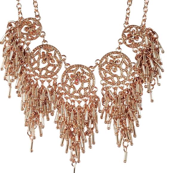 Rose Gold Tone Statement Necklace Filigree Beaded Fringe 16" +3" Extender - Picture 3 of 15